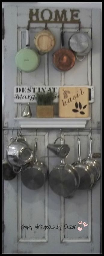 repurposing vintage doors, home decor, repurposing upcycling, I added a shelf and a couple of racks to hold pots