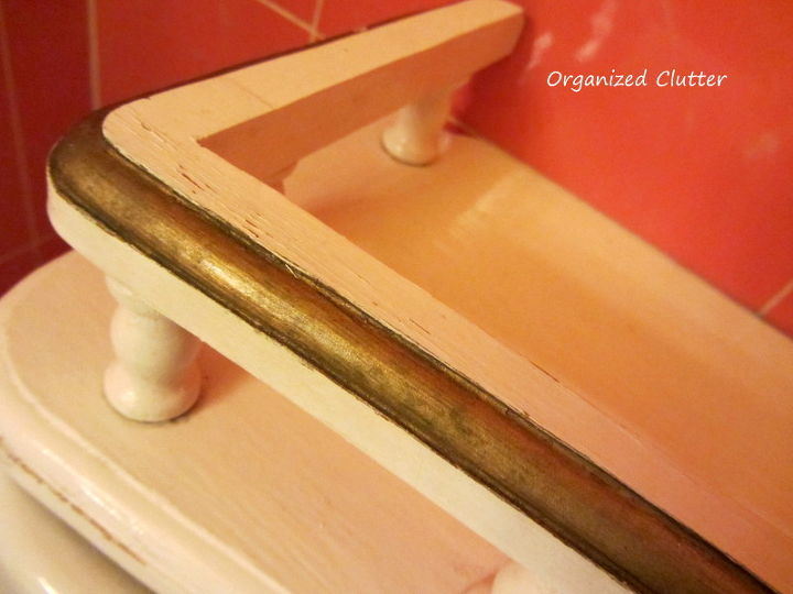 a vintage toilet tank shelf makeover, bathroom ideas, home decor, repurposing upcycling, shelving ideas, Here is the shelf in its original paint finish with the gold stripe and painted in an enamel