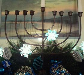 chanukah mantelpiece designs, christmas decorations, seasonal holiday d cor, Incredible bargain find at Big Lots a couple of years ago This menorah for Chanukah stands 20 high and takes regular taper candles In the foreground are wire driedls filled with colored glass balls