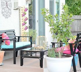 our colorful repurposed deck makeover revealed, decks, outdoor furniture, outdoor living