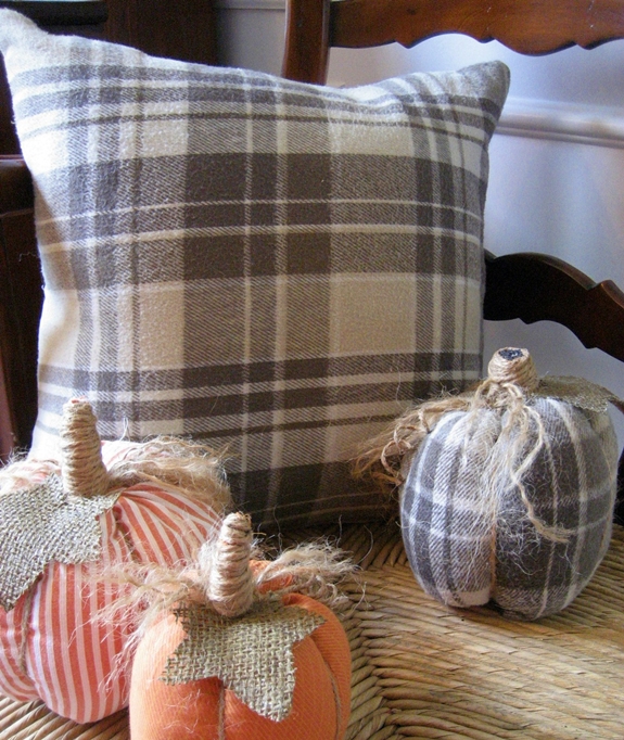 pumpkin pillow for fall from old shirts, crafts, repurposing upcycling, seasonal holiday decor, A plaid flannel shirt was used for the back of the pillow cover