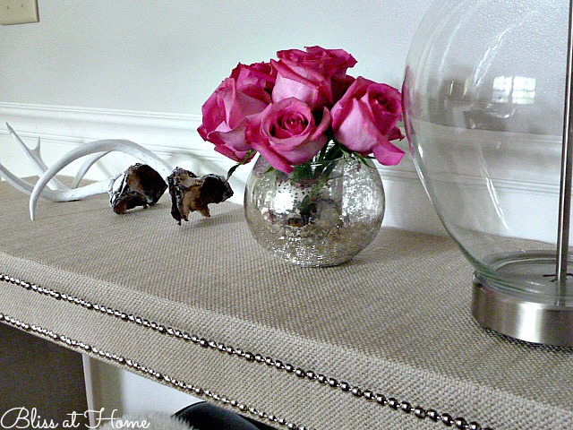 diy fabric nailhead table makeover, painted furniture, reupholster, The finished results
