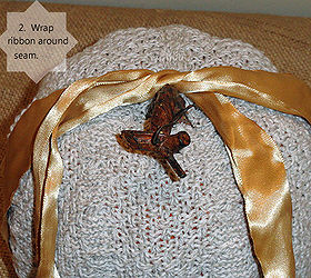 recycled sweater pumpkin craft, crafts, repurposing upcycling, The ribbon covers the seam