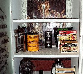 farmhouse coffee pantry french armoire from curbside junk, chalk paint, painted furniture, repurposing upcycling, This is the inside of the coffee pantry You can see the chicken wire back panel