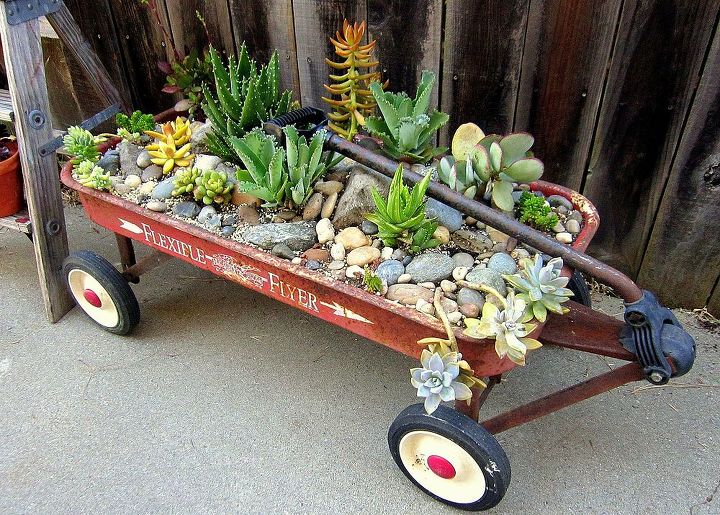 vintage red flyer wagon planter with succulent plants, flowers, gardening, outdoor living, repurposing upcycling, succulents