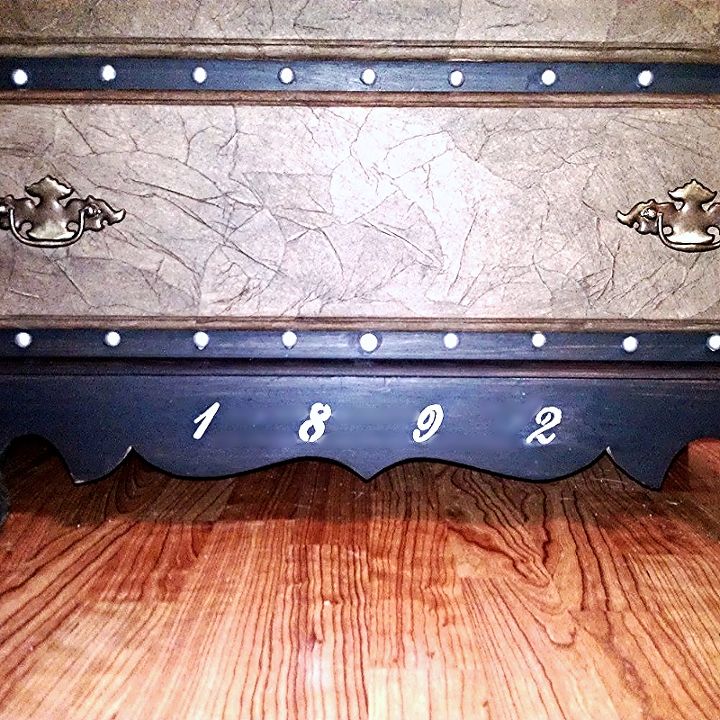 steamer trunk inspired curbside chest of drawers makeover, Finally I painted on the year 1892 to give it a Victorian era vintage feel