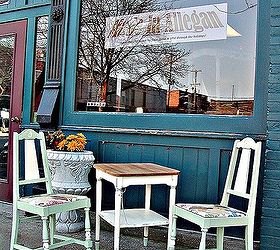 using vintage fabric on chairs, chalk paint, painted furniture, repurposing upcycling, The completed table and chairs in front of one of my consignment outlets