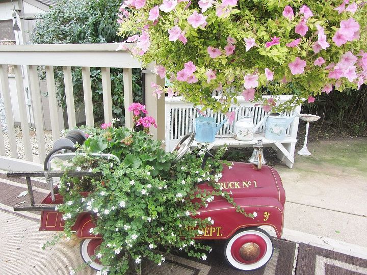 vintage summer garden, flowers, gardening, outdoor living, repurposing upcycling, My husband is a fire chief so I put this vintage fire truck out into the garden to reflect a little bit of him into the garden too