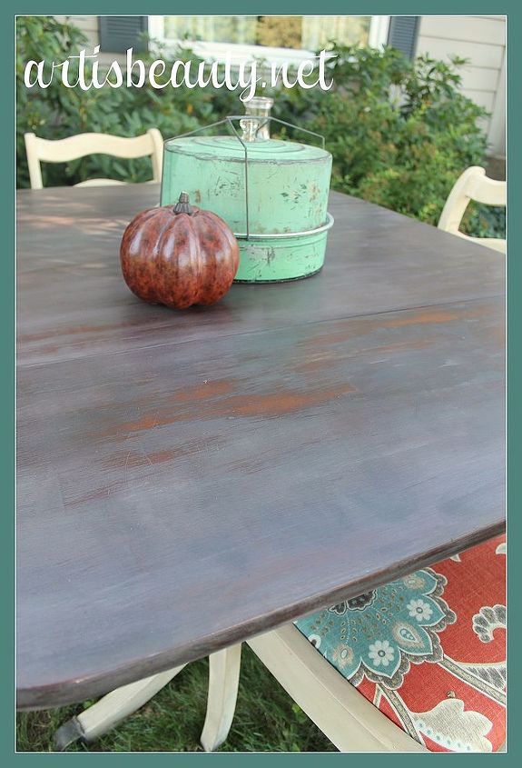 fairy tale rescued table and chairs makeover, painted furniture, woodworking projects, The table was painted with a combination of CeCe Caldwells vermont slate and Virginia chestnut and then waxed and buffed and distressed to reveal some of the wood beneath