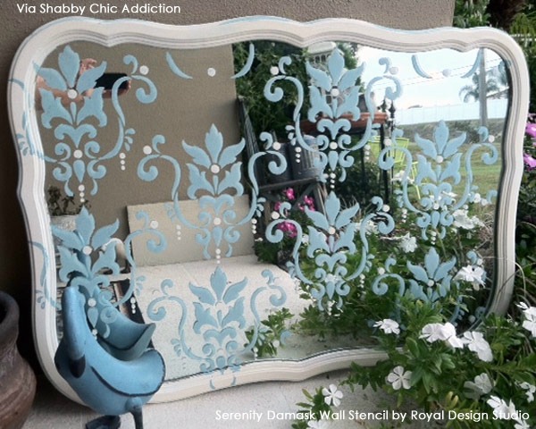 ideas for using stencils in garden decor, gardening, home decor, outdoor furniture, outdoor living, painted furniture, shabby chic, Our Serenity Damask Stencil was used by Shabby Chic Addiction to create an optical illusion of depth in the garden