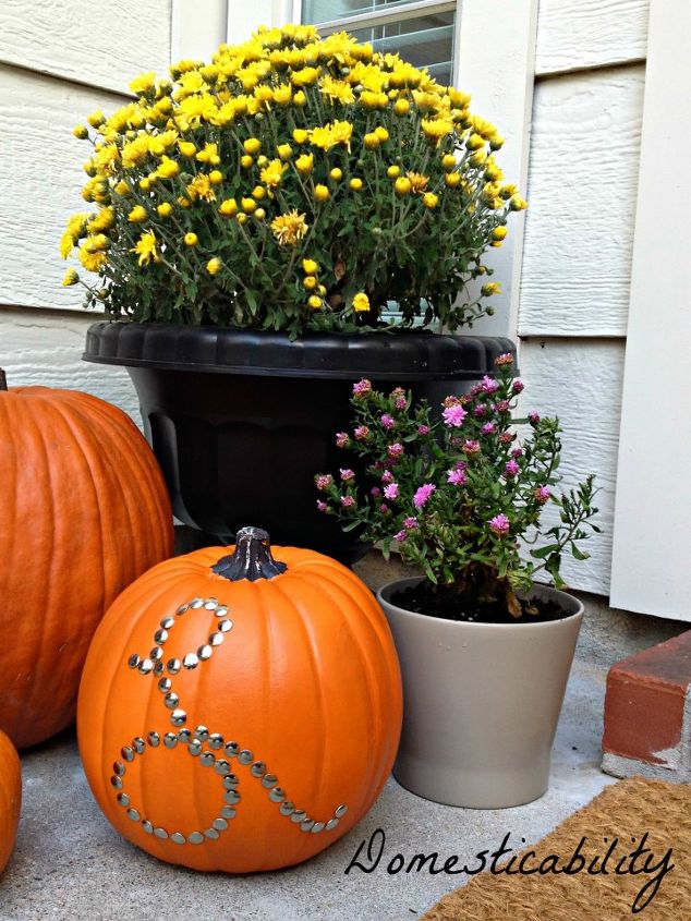 fall front porch, doors, seasonal holiday decor, wreaths, Nailhead Trim Pumpkin
