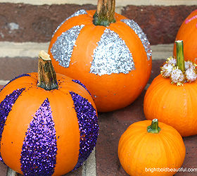 no carve pumpkin decorating idea, crafts, seasonal holiday decor, Spray on glue and pour on the glitter