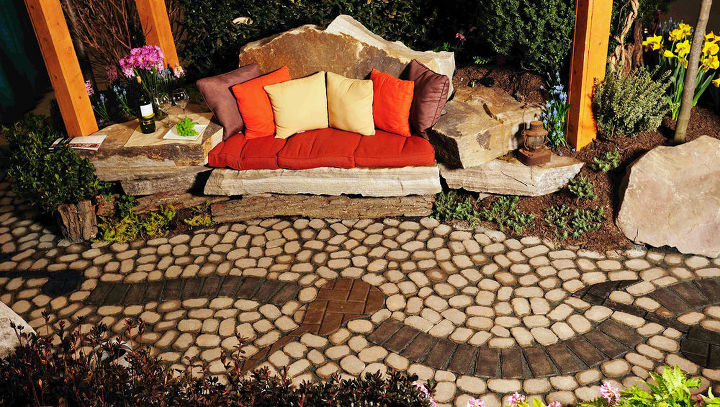 stone sofas and unique outdoor spaces in baltimore md, outdoor living, Stone sofa and musical terrace inlay