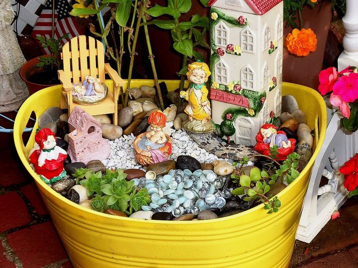 fairy garden in a beverage tub, gardening, outdoor living, repurposing upcycling, Free Fairies and a Pasta house that was 2 99 at Salvation Army