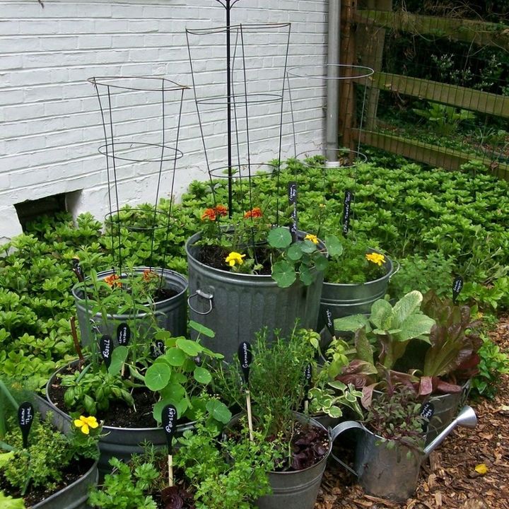 jardin galvanizado plantacion en contenedor reutilizado, Reutiliza viejos cubos de basura cubos y tinas convi rtelos en un huerto