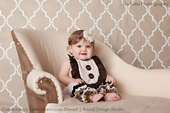stencil pattern and surface ideas for nurseries, bedroom ideas, home decor, painted furniture, Courtney Wilson of Bella Photography used our Casablanca Trellis as a backdrop in her photo studio