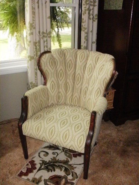 finally showing an old chair some much needed love, painted furniture, This is the finished chair I had a professional upholster it but I refinished the wood