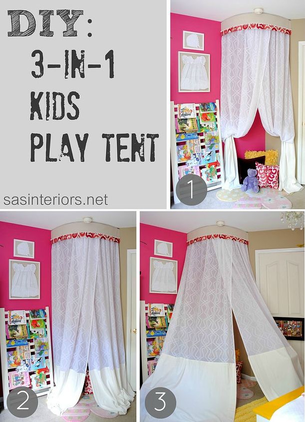 3 in 1 kids play tent, bedroom ideas, home decor, 1 Panels completely pulled back 2 A cozy hidden nook with panels drawn 3 Panels pulled out creating a larger tent
