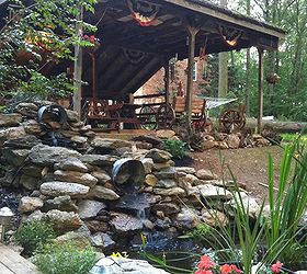 double waterfall fish pond and deck, outdoor living, ponds water features