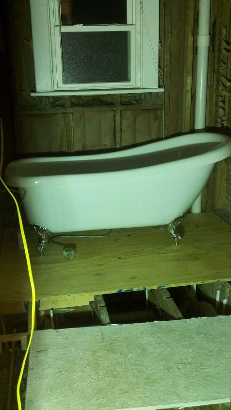 just wanted to give a little update on the bathroom remodel all things are going, bathroom ideas, home improvement, plumbing, We couldn t resist we had to try out the tub in there