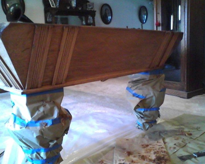antique brunswick billiard table restoration project, painted furniture, This was a risk I put down plastic and stripped the table right over the carpet Being really careful I still wouldn t suggest it