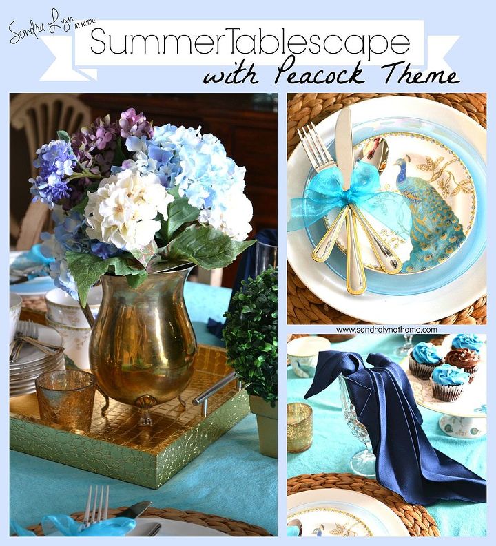paisaje de mesa de verano y pliegue de servilletas de pavo real