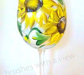 painted wine glass by brushes with a view, painting, Sunflowers by Brushes with A View