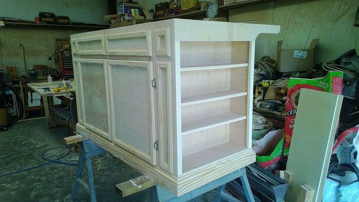 kitchen island made from 3 4 birch plywood and 1 oak board top, diy, kitchen design, kitchen island, woodworking projects, End with shelves installed