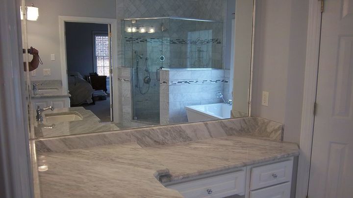white carrara used everywhere in a master bath suite all tiles were honed, bathroom ideas, countertops, tiling