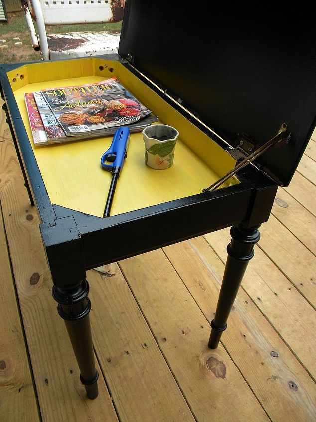piano bench makes the perfect porch coffee table, outdoor furniture, painted furniture, repurposing upcycling, Painted with leftover paint I had on hand the storage for sheet music allows space for magazines candles a lighter This is why a piano bench makes the perfect porch coffee table