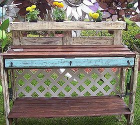 diy potting tables and benches, diy, gardening, outdoor furniture, outdoor living, painted furniture, pallet, rustic furniture, This is my most recent build but it didn t make the board Yes it is made from a pallet and has a lattice back