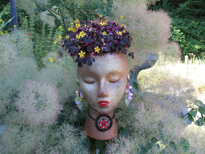 meet moss styrofoam planter, crafts, gardening, repurposing upcycling, Here is my young lady as a stake in my bush