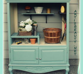 old entertainment center turned into a potting shed, outdoor furniture, painted furniture, repurposing upcycling