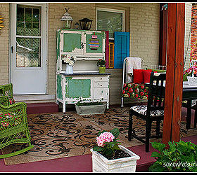 my favorite outdoor seating area it started with repainting the porch then i, outdoor living, porches, Hoosier cabinet chippy and fun