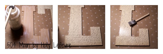 monogrammed burlap canvas, crafts, decoupage, Apply decoupage to the letter apply paper smooth air bubbles out apply another layer of decoupage Trim paper if necessary Let dry