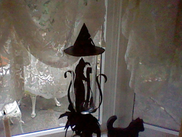 halloween decorating with black and white, halloween decorations, seasonal holiday d cor, wreaths, Witch silhouette in a glass vase topped with a witch s hat and a wooden black cat