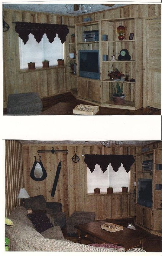 our livingroom make over, home decor, living room ideas, After So country My dad put a mirror inside the hole of the mule harness about 40 years ago also the water bucket and pulley came from mygrandparnets farm Bob made the entertainment center and an exwide window seal for my plants