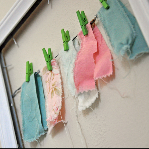 diy frame wall, crafts, home decor, shabby chic, wall decor, Mini Fabric Bunting using scraps from my fabric stash and mini clothespins