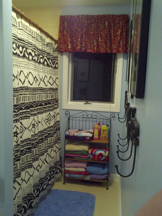 bathroom project, bathroom ideas, doors, home decor, After I made a new window curtain from my massive stash of fabrics New floor towel and soap storage unit too