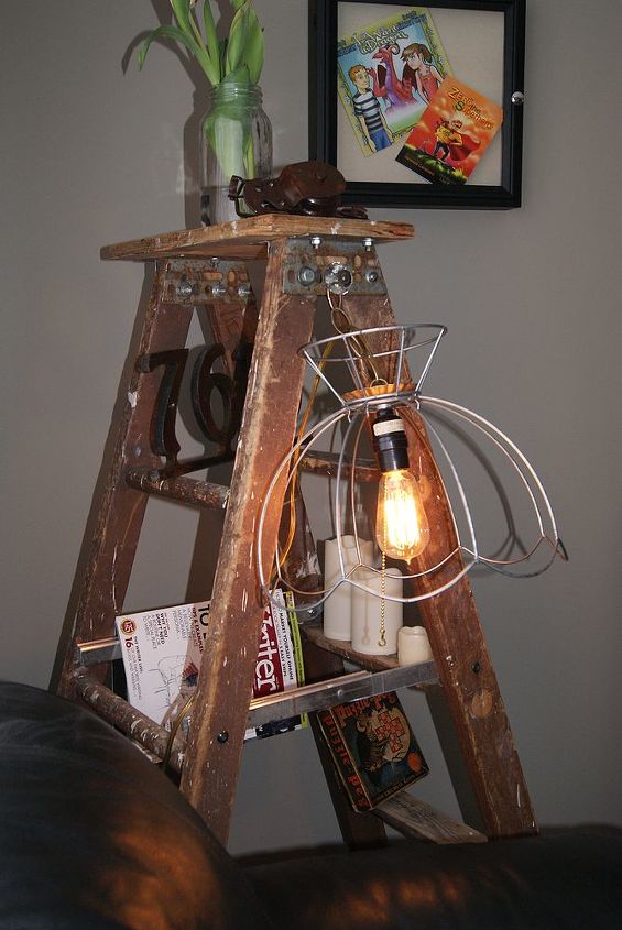 junky ladder lamp, lighting, repurposing upcycling
