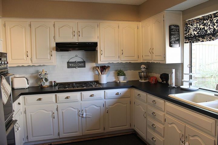chalkboard countertops, chalkboard paint, countertops, diy, how to, kitchen design, This is the after photo two years later They ve held up great I ve only touched up a few spots here and there It s food safe and I can lay hot pots directly on the counter