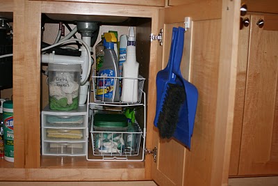 organizing under the sink, organizing, The right half I used a couple drawers to hold the cleaning supplies and rags The hook on the door is a 3M hook