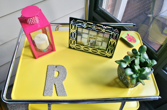 styling a dual purpose cart, painted furniture, repurposing upcycling, A modge podge glitter letter works as a coast