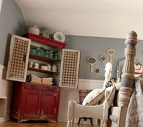 guest bedroom redecorated, bedroom ideas, home decor, Rustic old red cabinet filled with European grain sacks canning jars and marmalade crocks