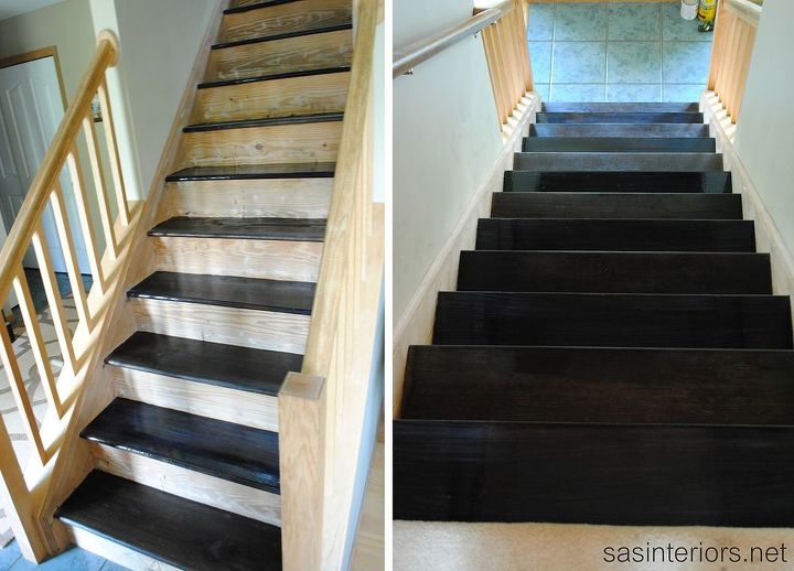 before and after staircase makeover, The staining was complete and it was time to paint