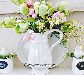 spring mantel spring has sprung, crafts, fireplaces mantels, seasonal holiday decor, wreaths, Decorating with green and pink tulips on mantel