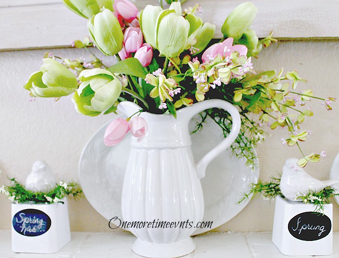 spring mantel spring has sprung, crafts, fireplaces mantels, seasonal holiday decor, wreaths, Decorating with green and pink tulips on mantel