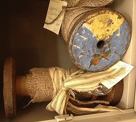 ideas on different things i can do with these yummy old spools, I have some in my storefront with burlap and homespun fabric for decoration I also hang a crystal tear drop for a touch of bling