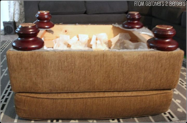 ballard ottoman knock off outdated ottoman rehab w drop cloth tufting tutorial, painted furniture, reupholster, Rip off the old fabric