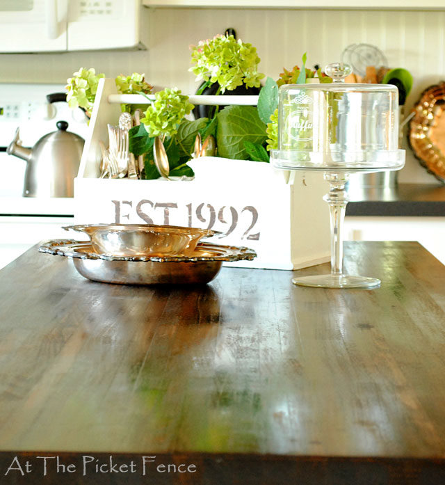 taking your kitchen island from dated to darling my kitchen island transformation, home decor, kitchen design, kitchen island, Ikea butcher block was stained Walnut and can be sealed for a food grade finish